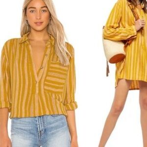 Free People Summer Breeze Tunic Top Small Mustard Stripe Linen Blend Boho
Small